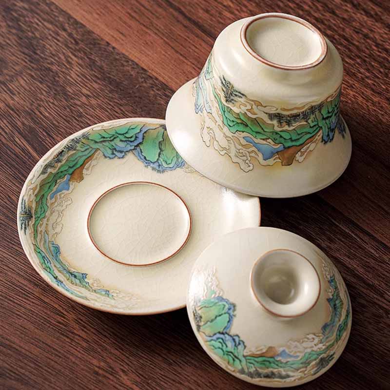 Buddha Stones Un panorama di fiumi e montagne Fiori Gaiwan in ceramica Sancai Tazza da tè Tazza da tè Kung Fu e piattino con coperchio - Image 3