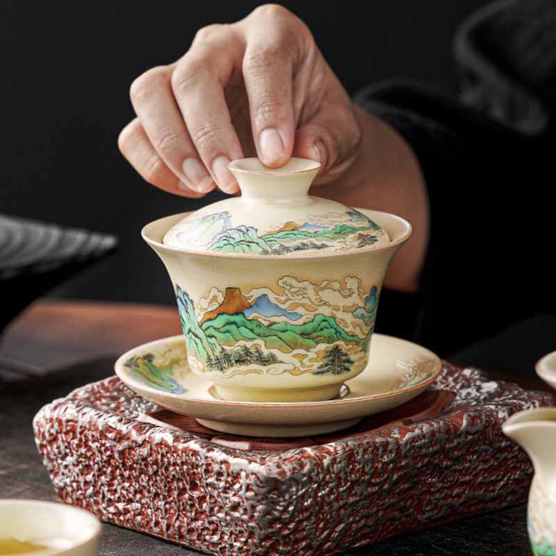Buddha Stones Un panorama di fiumi e montagne Fiori Gaiwan in ceramica Sancai Tazza da tè Tazza da tè Kung Fu e piattino con coperchio - Image 4