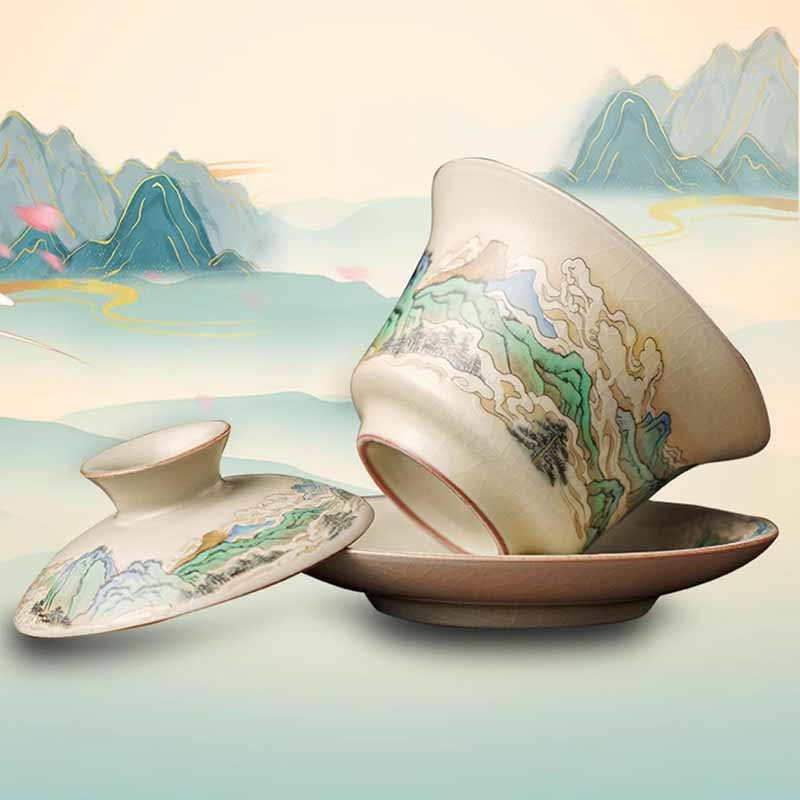 Buddha Stones Un panorama di fiumi e montagne Fiori Gaiwan in ceramica Sancai Tazza da tè Tazza da tè Kung Fu e piattino con coperchio - Image 6