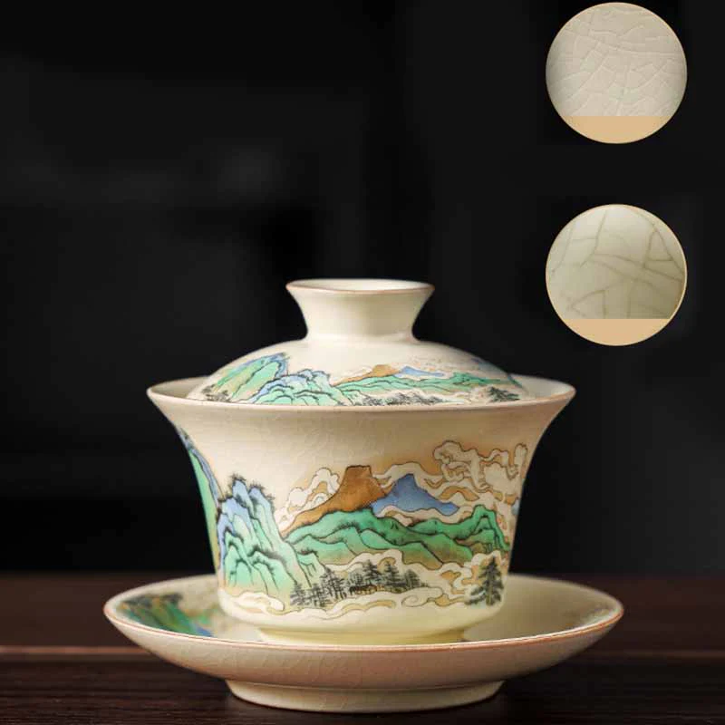 Buddha Stones Un panorama di fiumi e montagne Fiori Gaiwan in ceramica Sancai Tazza da tè Tazza da tè Kung Fu e piattino con coperchio - Image 7