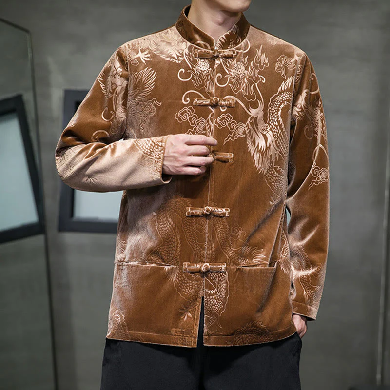 Buddha Stones Uomo Rana-bottoni Tang Suit Drago Modello Lisvelte Cotone Giacca Camicia Con Tasche - Image 3