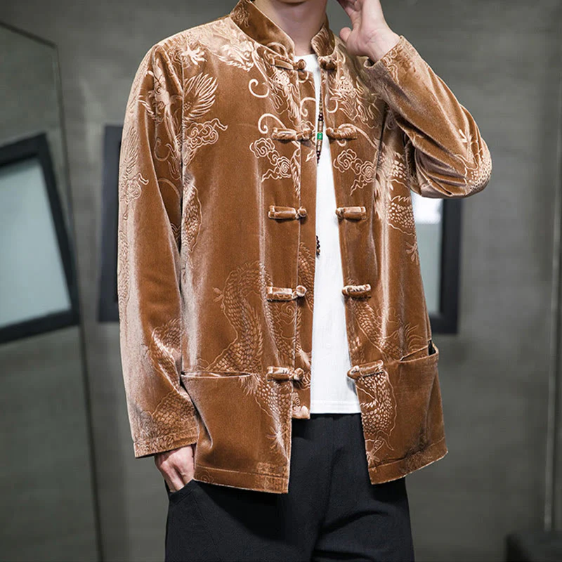 Buddha Stones Uomo Rana-bottoni Tang Suit Drago Modello Lisvelte Cotone Giacca Camicia Con Tasche - Image 4