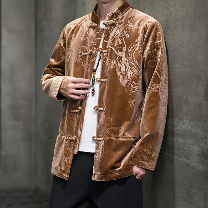 Buddha Stones Uomo Rana-bottoni Tang Suit Drago Modello Lisvelte Cotone Giacca Camicia Con Tasche - Image 6