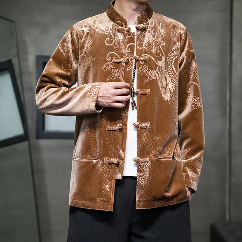 Buddha Stones Uomo Rana-bottoni Tang Suit Drago Modello Lisvelte Cotone Giacca Camicia Con Tasche - Image 7