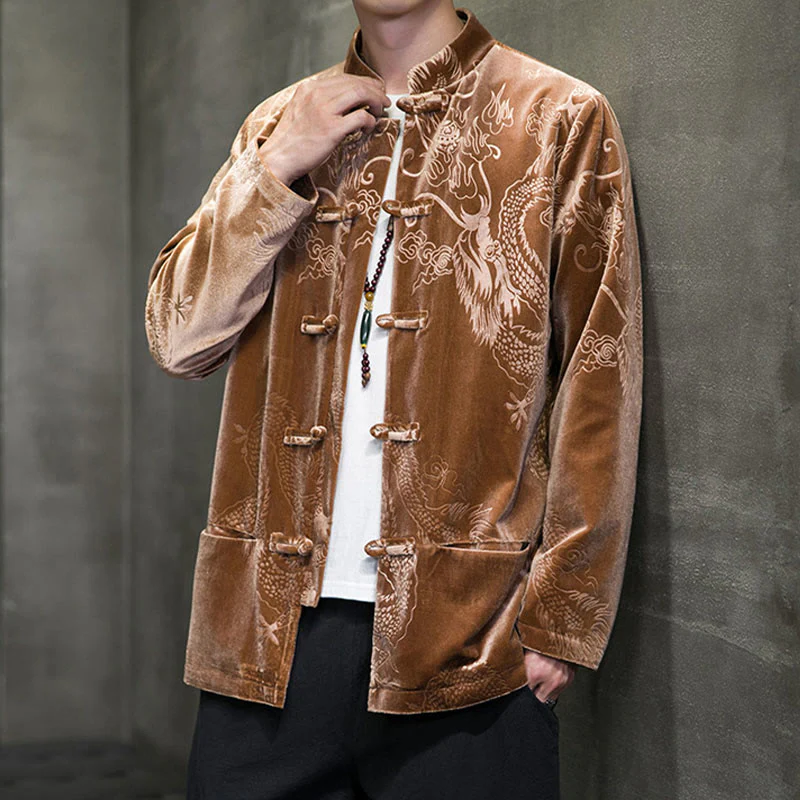 Buddha Stones Uomo Rana-bottoni Tang Suit Drago Modello Lisvelte Cotone Giacca Camicia Con Tasche - Image 8
