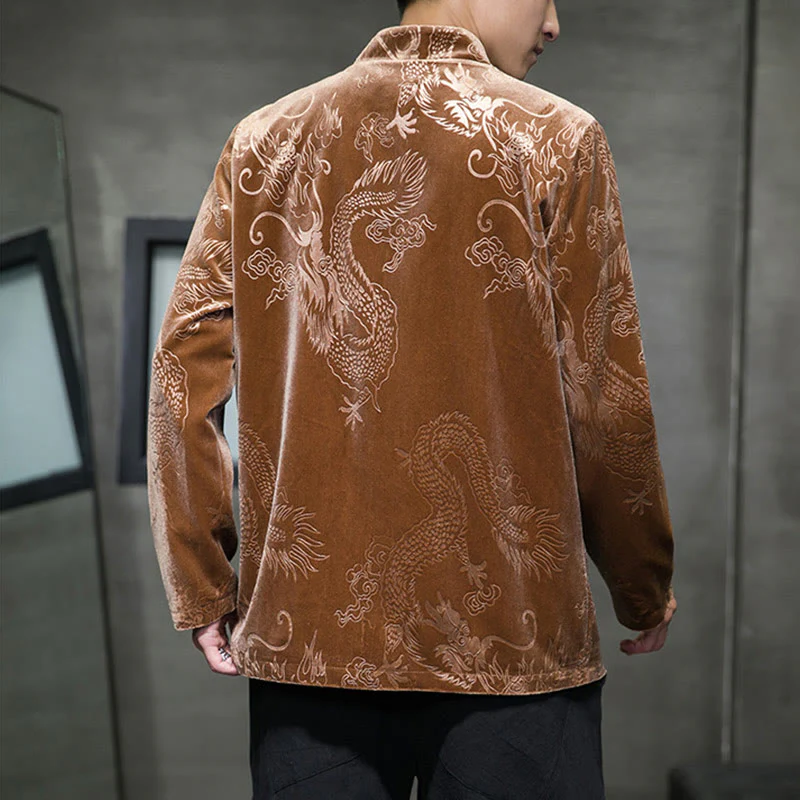 Buddha Stones Uomo Rana-bottoni Tang Suit Drago Modello Lisvelte Cotone Giacca Camicia Con Tasche - Image 9