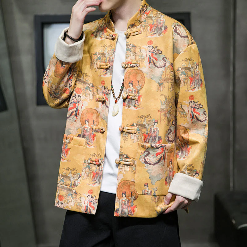 Buddha Stones Vestiti per il capodanno cinese Figura antica Pittura Polsino tinta unita Rana-bottoni Tang Suit Giacca da uomo in cotone Camicia con tasche - Image 11