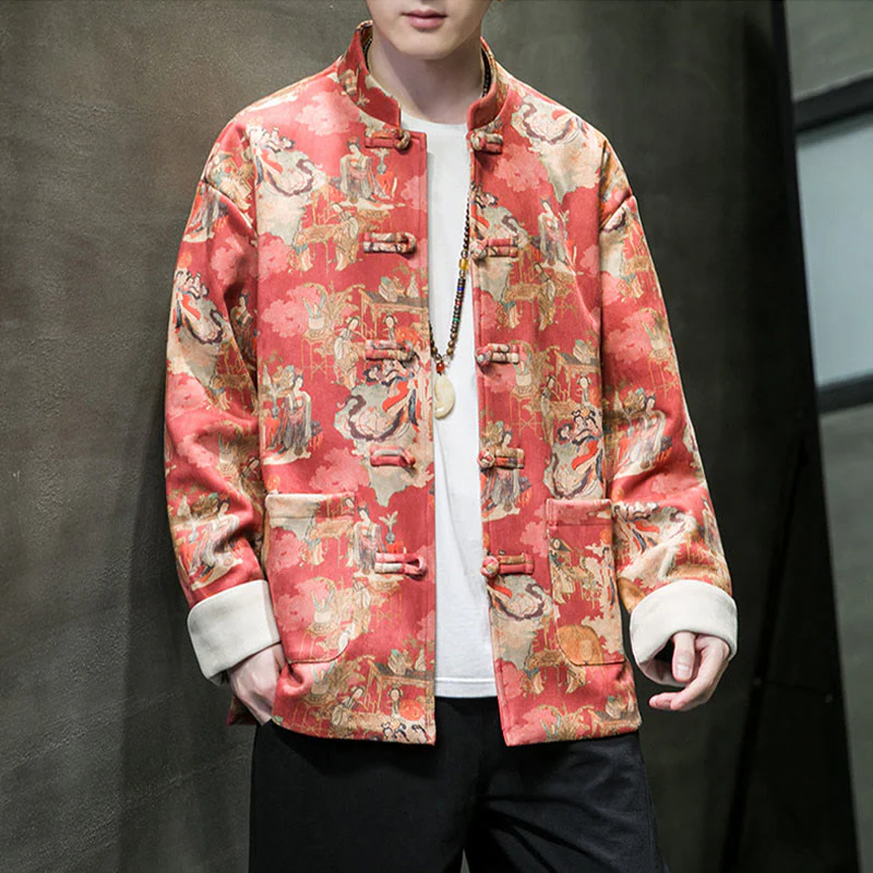 Buddha Stones Vestiti per il capodanno cinese Figura antica Pittura Polsino tinta unita Rana-bottoni Tang Suit Giacca da uomo in cotone Camicia con tasche - Image 6