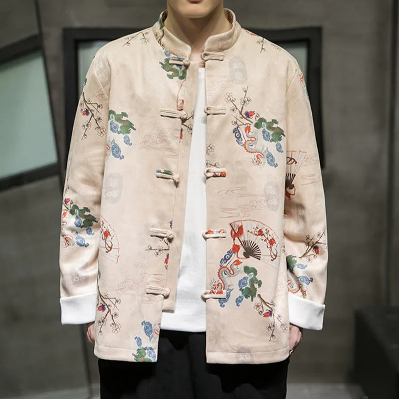 Buddha Stones Vestiti per il capodanno cinese Fiori Drago Ventaglio Nuvole di buon auspicio Rana-bottoni Tang Suit Giacca da uomo in cotone Camicia - Image 13