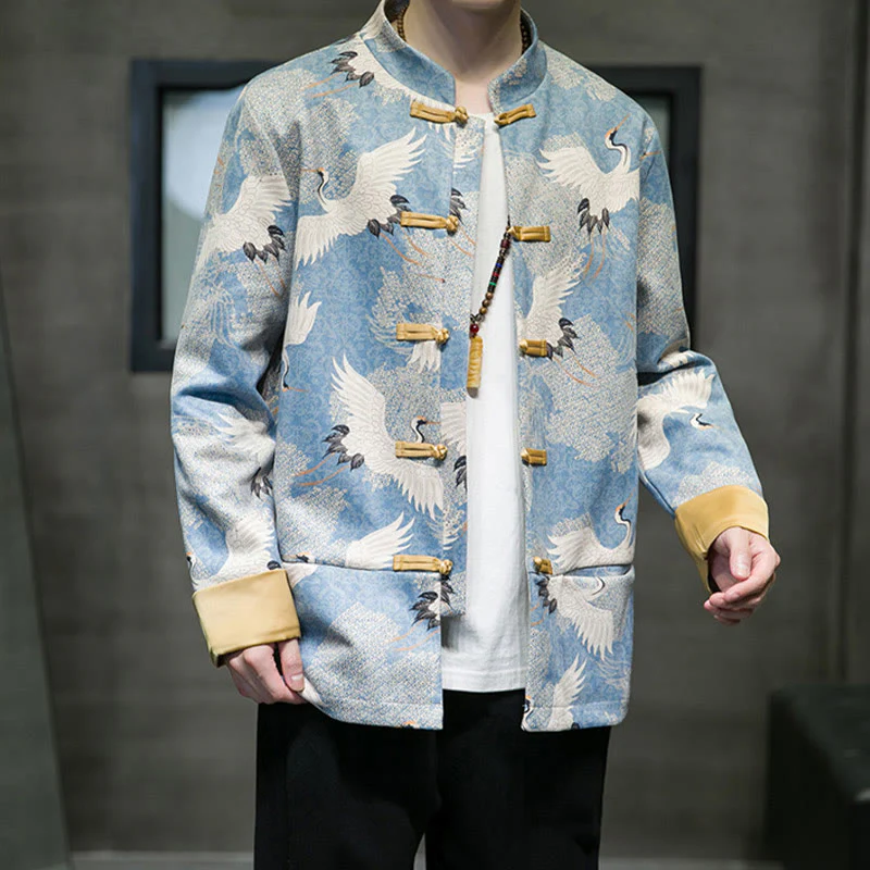 Buddha Stones Vestiti per il capodanno cinese Gru bianca Rana dorata Bottoni Tang Suit Giacca da uomo in cotone Camicia con tasche - Image 8