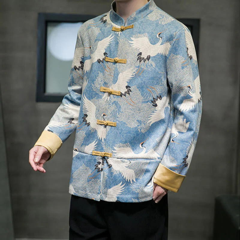 Buddha Stones Vestiti per il capodanno cinese Gru bianca Rana dorata Bottoni Tang Suit Giacca da uomo in cotone Camicia con tasche - Image 9