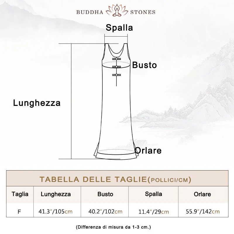Abito da donna senza maniche in ramia e lino con bottoni a rana e tasche, lunghezza al ginocchio, con stampa Buddha Stones. - Image 4