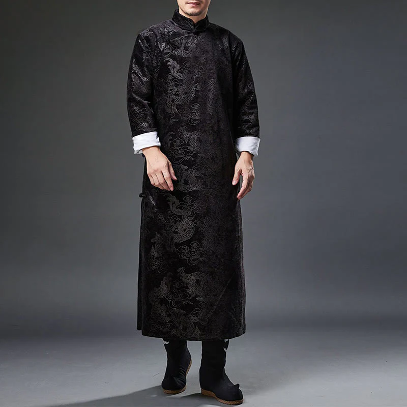 Buddha Stones Vintage Autunno Inverno Cinese Rana-Bottone Tang Suit Uomo Drago Jacquard Vestaglia Con Tasche - Image 15