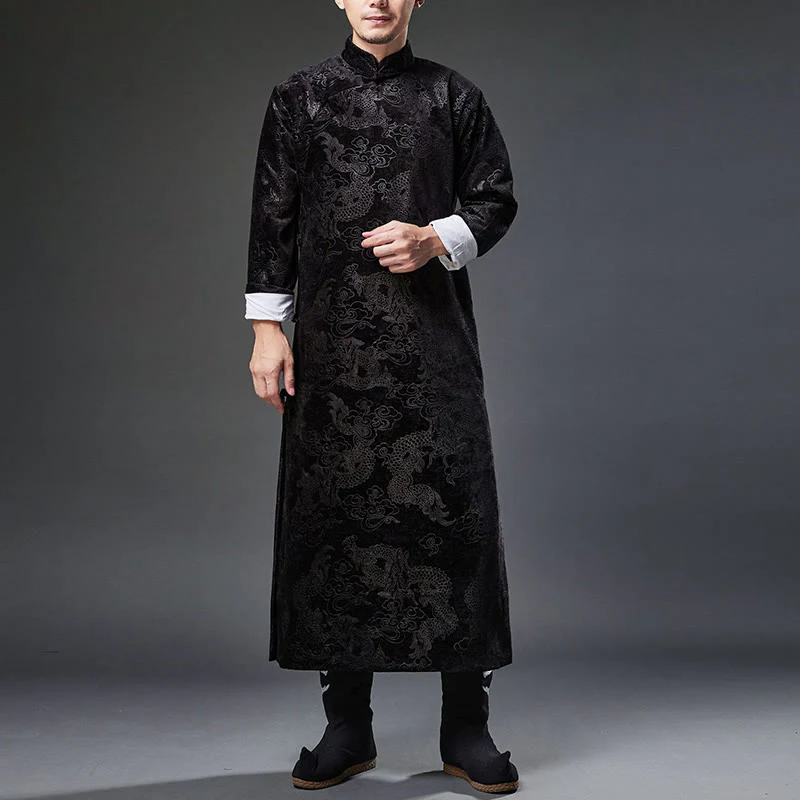 Buddha Stones Vintage Autunno Inverno Cinese Rana-Bottone Tang Suit Uomo Drago Jacquard Vestaglia Con Tasche - Image 16