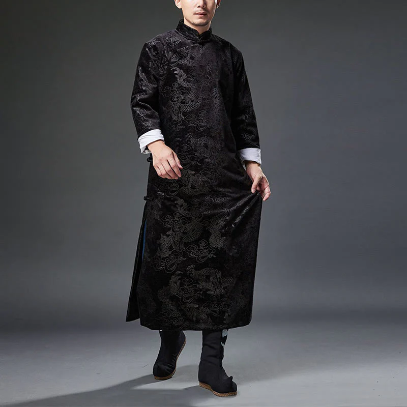 Buddha Stones Vintage Autunno Inverno Cinese Rana-Bottone Tang Suit Uomo Drago Jacquard Vestaglia Con Tasche - Image 17