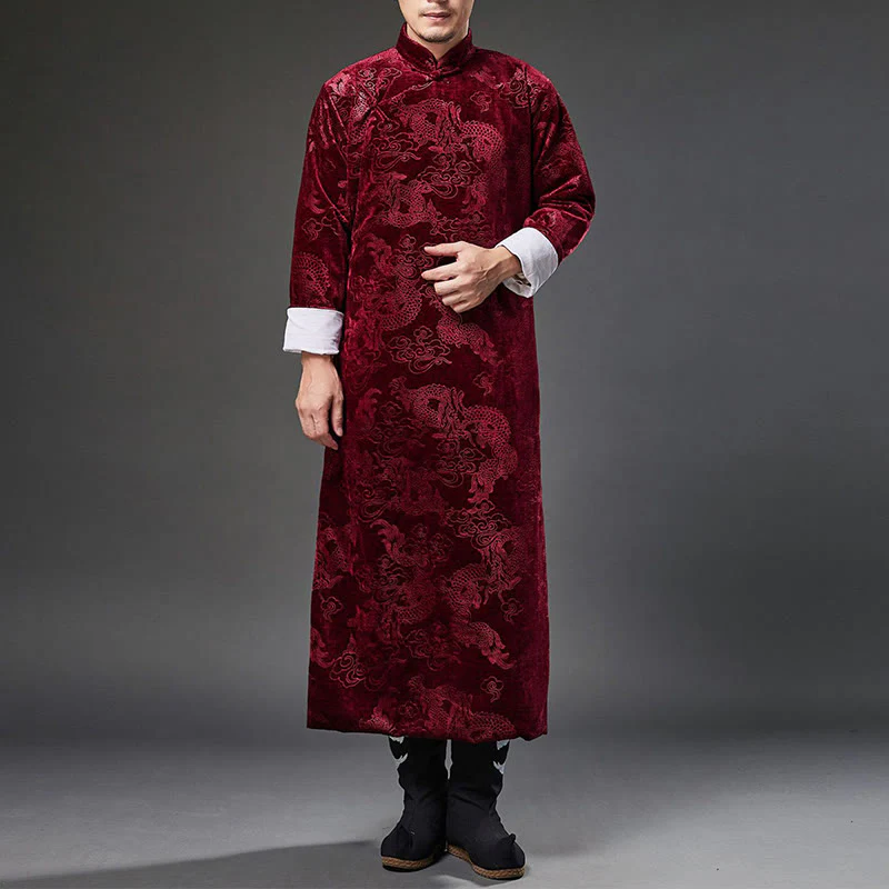 Buddha Stones Vintage Autunno Inverno Cinese Rana-Bottone Tang Suit Uomo Drago Jacquard Vestaglia Con Tasche - Image 20