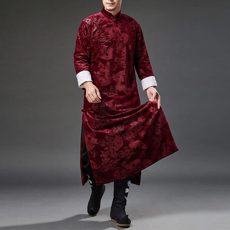 Buddha Stones Vintage Autunno Inverno Cinese Rana-Bottone Tang Suit Uomo Drago Jacquard Vestaglia Con Tasche - Image 21
