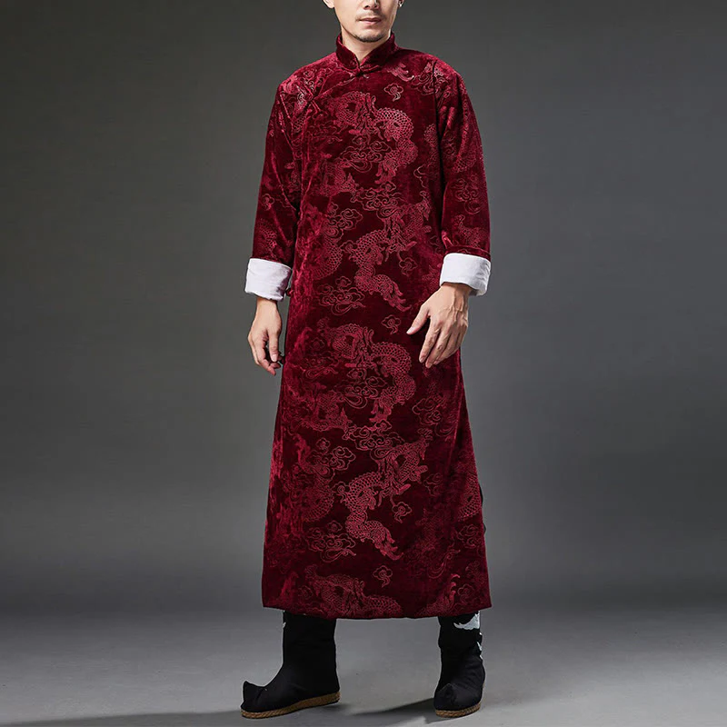Buddha Stones Vintage Autunno Inverno Cinese Rana-Bottone Tang Suit Uomo Drago Jacquard Vestaglia Con Tasche - Image 23