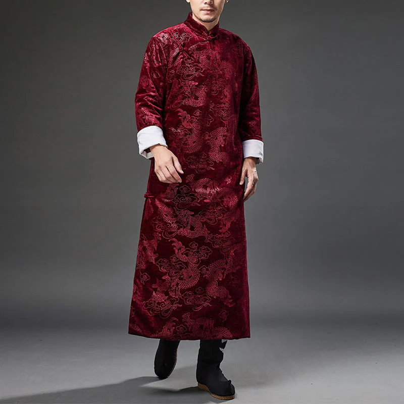 Buddha Stones Vintage Autunno Inverno Cinese Rana-Bottone Tang Suit Uomo Drago Jacquard Vestaglia Con Tasche - Image 24