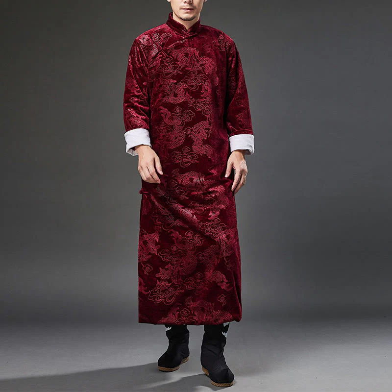 Buddha Stones Vintage Autunno Inverno Cinese Rana-Bottone Tang Suit Uomo Drago Jacquard Vestaglia Con Tasche - Image 25
