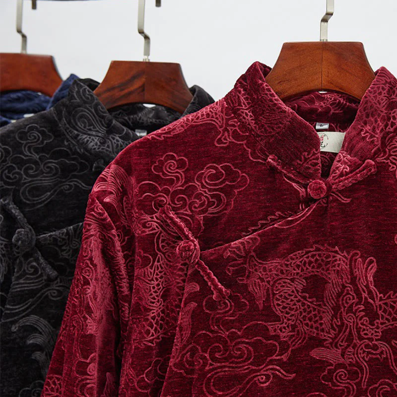 Buddha Stones Vintage Autunno Inverno Cinese Rana-Bottone Tang Suit Uomo Drago Jacquard Vestaglia Con Tasche - Image 27