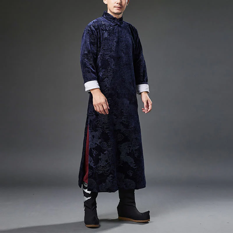 Buddha Stones Vintage Autunno Inverno Cinese Rana-Bottone Tang Suit Uomo Drago Jacquard Vestaglia Con Tasche - Image 3