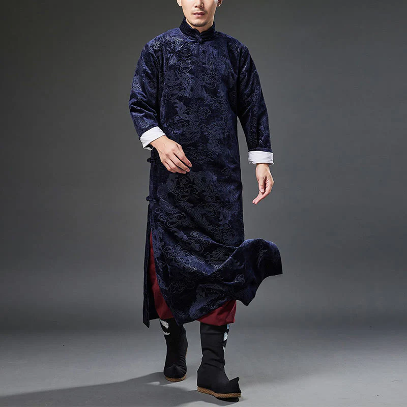 Buddha Stones Vintage Autunno Inverno Cinese Rana-Bottone Tang Suit Uomo Drago Jacquard Vestaglia Con Tasche - Image 4