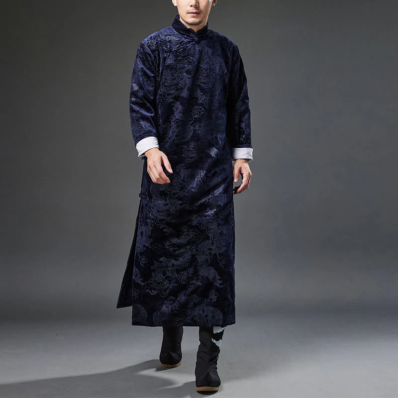 Buddha Stones Vintage Autunno Inverno Cinese Rana-Bottone Tang Suit Uomo Drago Jacquard Vestaglia Con Tasche - Image 6