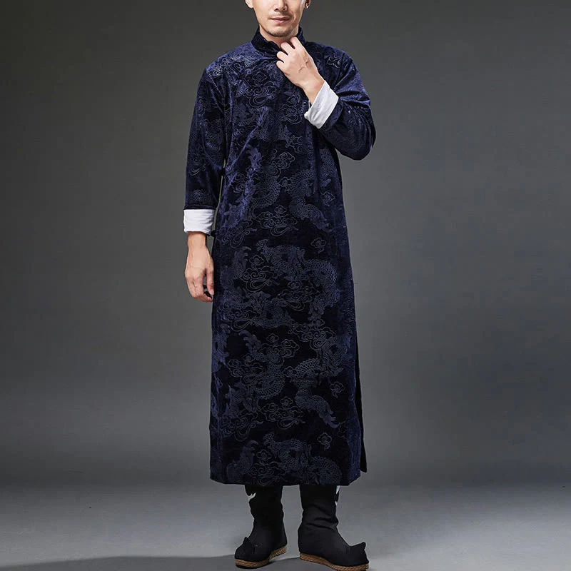 Buddha Stones Vintage Autunno Inverno Cinese Rana-Bottone Tang Suit Uomo Drago Jacquard Vestaglia Con Tasche - Image 7