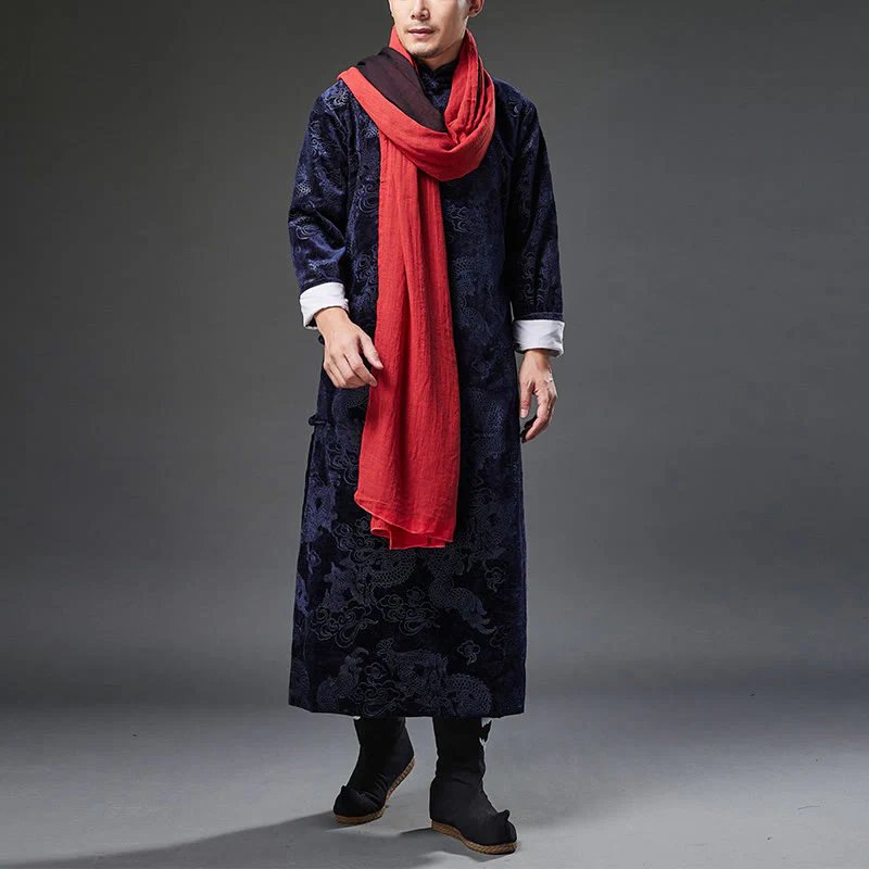 Buddha Stones Vintage Autunno Inverno Cinese Rana-Bottone Tang Suit Uomo Drago Jacquard Vestaglia Con Tasche - Image 8