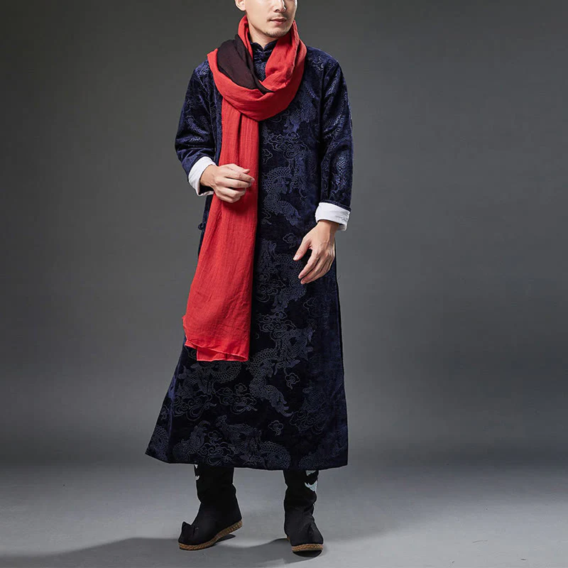 Buddha Stones Vintage Autunno Inverno Cinese Rana-Bottone Tang Suit Uomo Drago Jacquard Vestaglia Con Tasche - Image 9