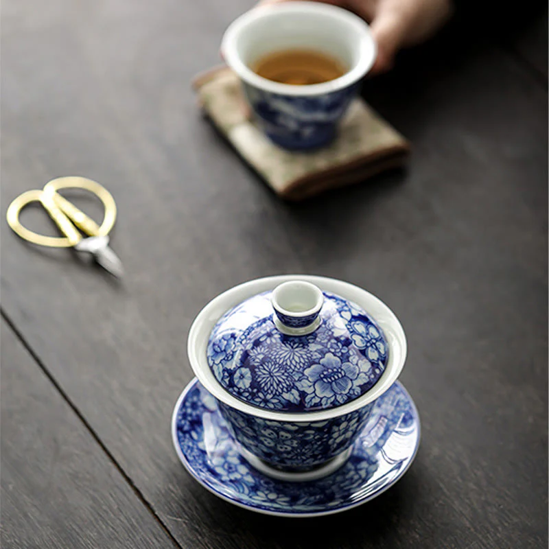 Buddha Stones Vintage Blu e Bianco Porcellana Ceramica Gaiwan Sancai Tazza da Tè Kung Fu Tazza da Tè e Piattino con Coperchio - Image 11