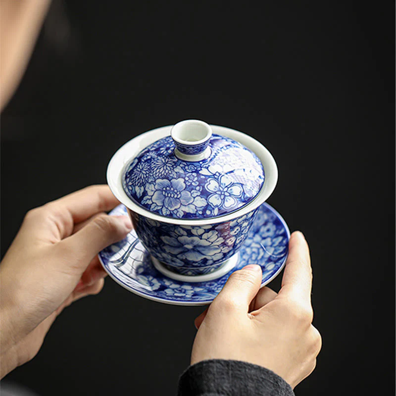 Buddha Stones Vintage Blu e Bianco Porcellana Ceramica Gaiwan Sancai Tazza da Tè Kung Fu Tazza da Tè e Piattino con Coperchio - Image 12