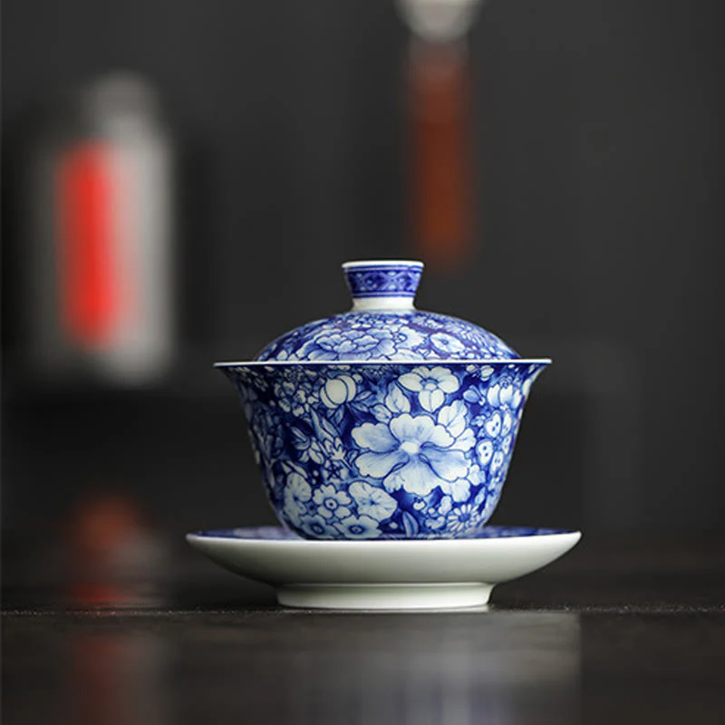 Buddha Stones Vintage Blu e Bianco Porcellana Ceramica Gaiwan Sancai Tazza da Tè Kung Fu Tazza da Tè e Piattino con Coperchio - Image 13