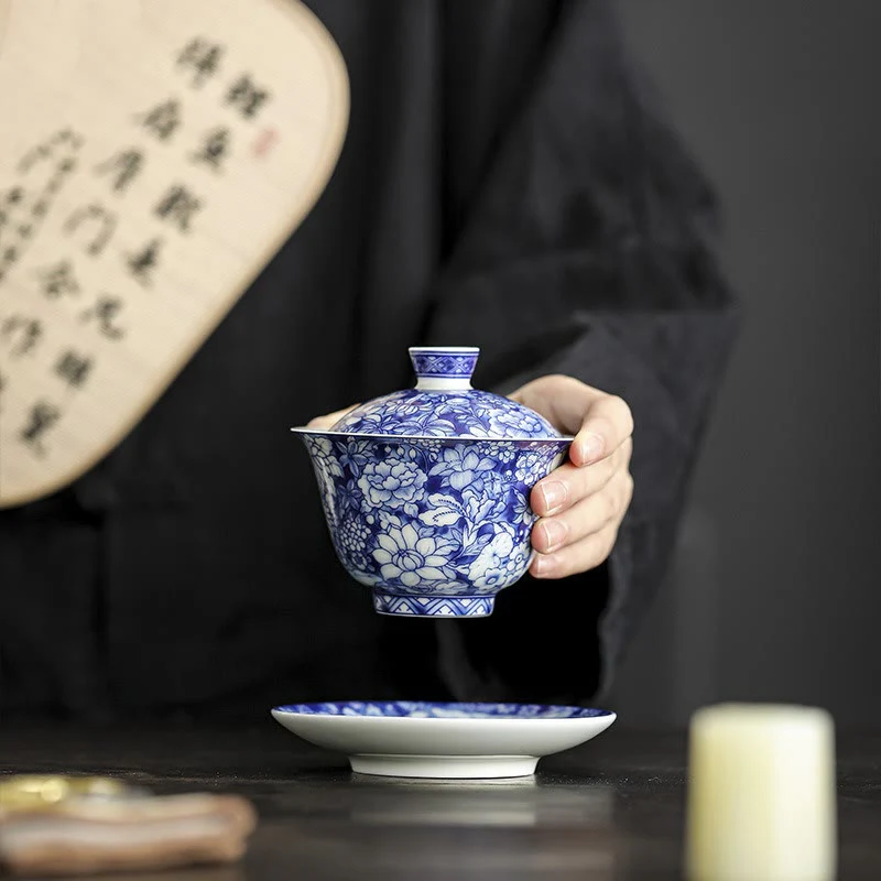 Buddha Stones Vintage Blu e Bianco Porcellana Ceramica Gaiwan Sancai Tazza da Tè Kung Fu Tazza da Tè e Piattino con Coperchio - Image 3