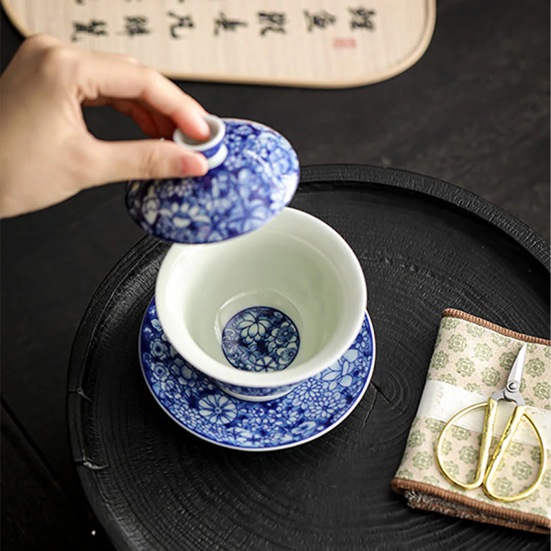 Buddha Stones Vintage Blu e Bianco Porcellana Ceramica Gaiwan Sancai Tazza da Tè Kung Fu Tazza da Tè e Piattino con Coperchio - Image 4