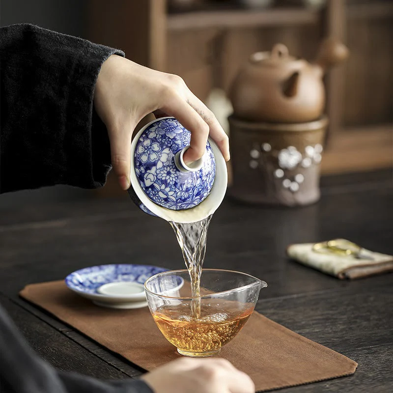 Buddha Stones Vintage Blu e Bianco Porcellana Ceramica Gaiwan Sancai Tazza da Tè Kung Fu Tazza da Tè e Piattino con Coperchio - Image 5