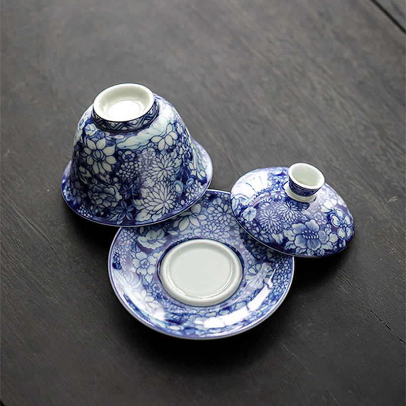 Buddha Stones Vintage Blu e Bianco Porcellana Ceramica Gaiwan Sancai Tazza da Tè Kung Fu Tazza da Tè e Piattino con Coperchio - Image 6