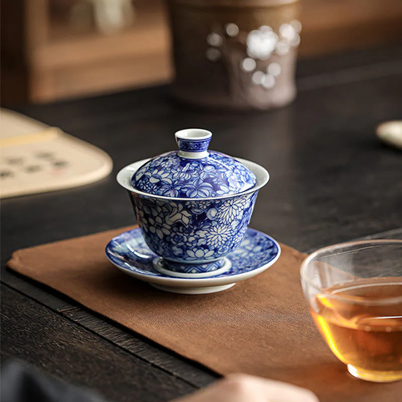 Buddha Stones Vintage Blu e Bianco Porcellana Ceramica Gaiwan Sancai Tazza da Tè Kung Fu Tazza da Tè e Piattino con Coperchio - Image 9
