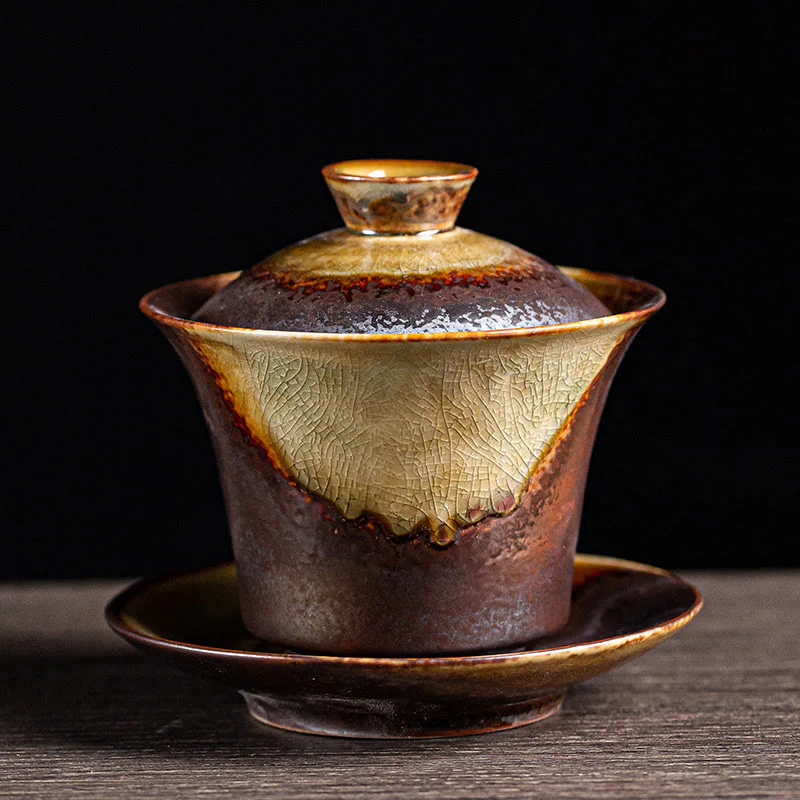 Buddha Stones Vintage Brown Kiln Change Design Porcellana Ceramica Gaiwan Sancai Tazza da tè Kung Fu Tazza da tè e piattino con coperchio
