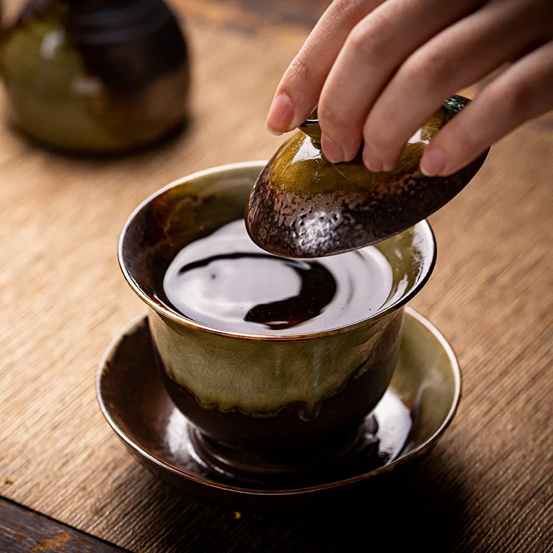 Buddha Stones Vintage Brown Kiln Change Design Porcellana Ceramica Gaiwan Sancai Tazza da tè Kung Fu Tazza da tè e piattino con coperchio - Image 10