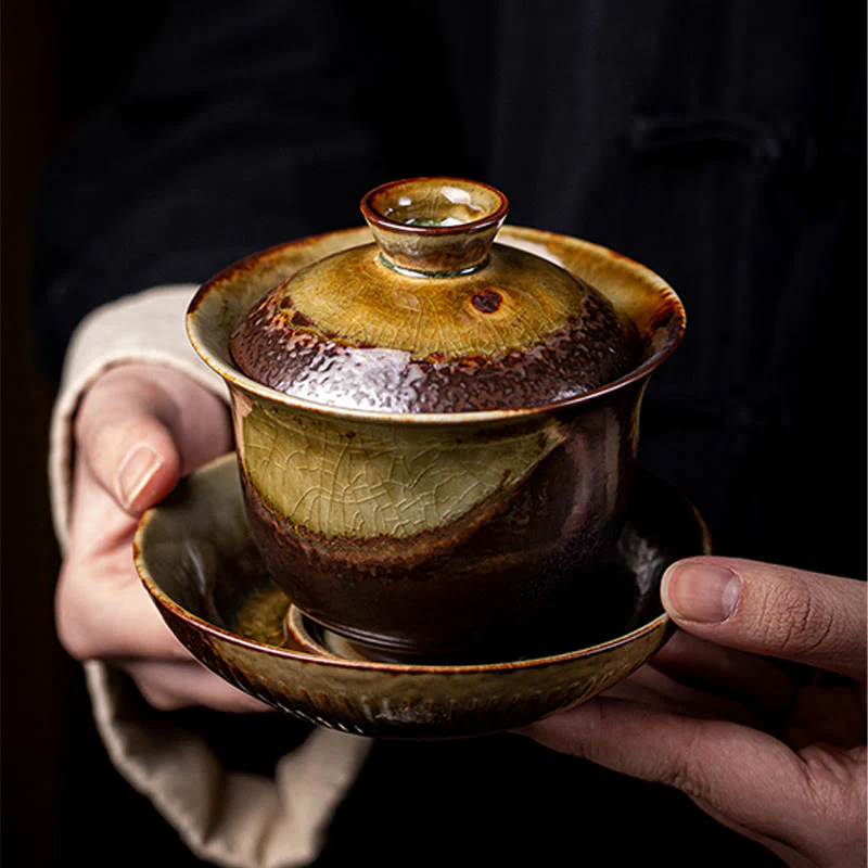 Buddha Stones Vintage Brown Kiln Change Design Porcellana Ceramica Gaiwan Sancai Tazza da tè Kung Fu Tazza da tè e piattino con coperchio - Image 11