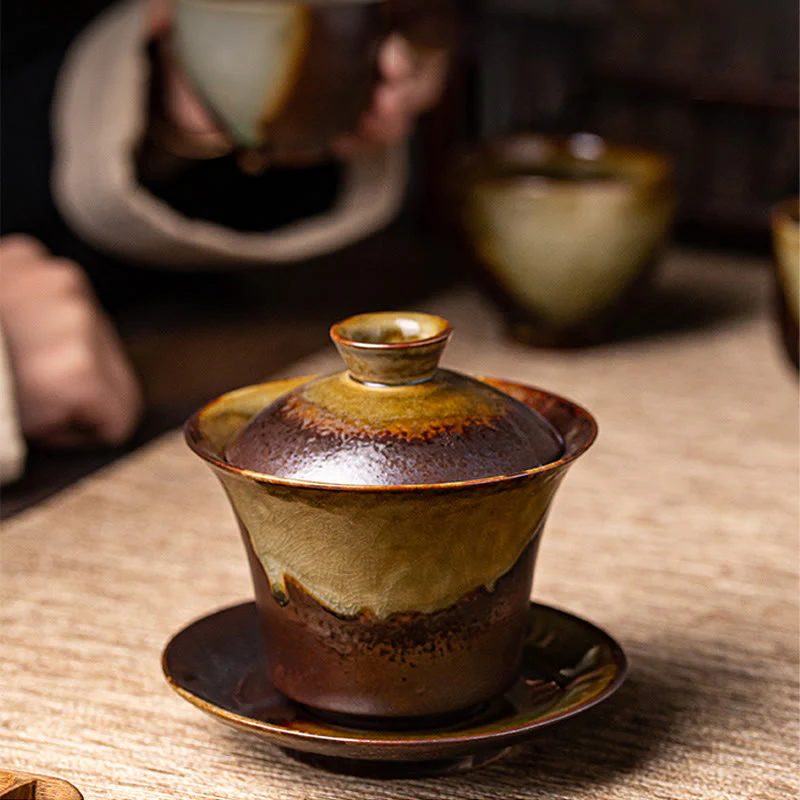 Buddha Stones Vintage Brown Kiln Change Design Porcellana Ceramica Gaiwan Sancai Tazza da tè Kung Fu Tazza da tè e piattino con coperchio - Image 2