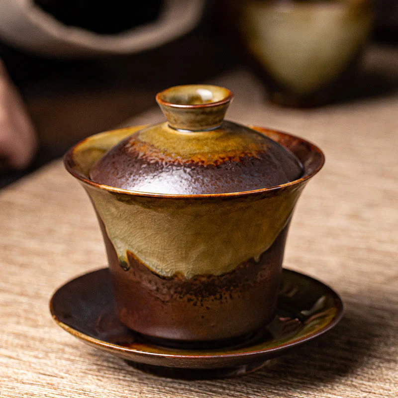 Buddha Stones Vintage Brown Kiln Change Design Porcellana Ceramica Gaiwan Sancai Tazza da tè Kung Fu Tazza da tè e piattino con coperchio - Image 3