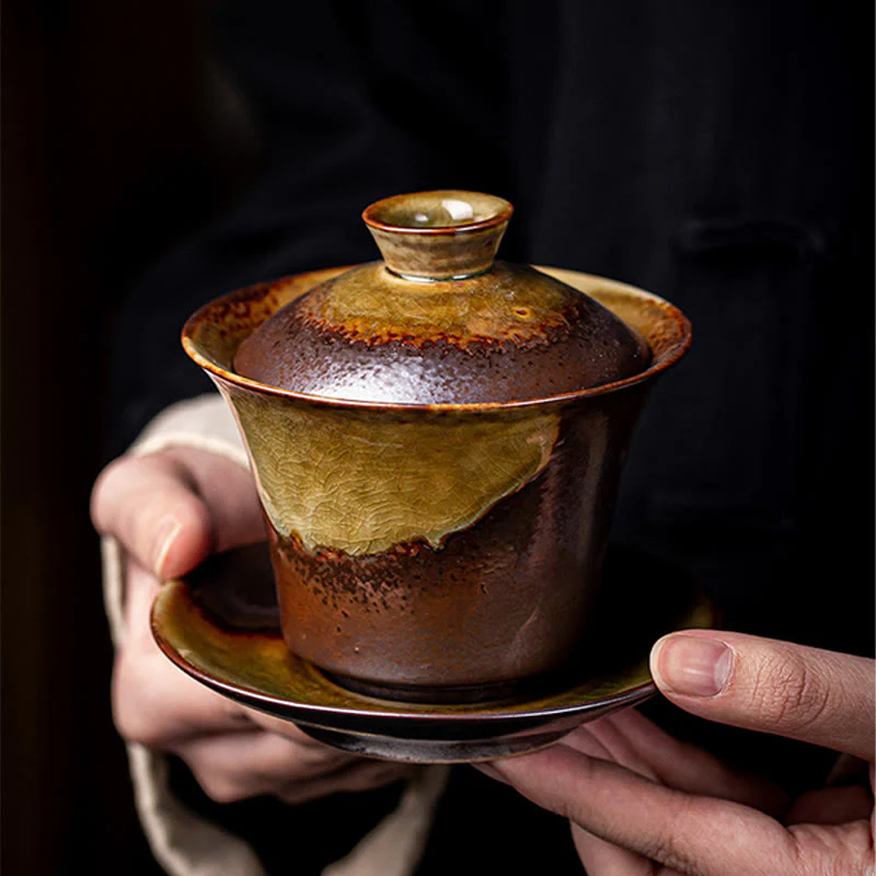 Buddha Stones Vintage Brown Kiln Change Design Porcellana Ceramica Gaiwan Sancai Tazza da tè Kung Fu Tazza da tè e piattino con coperchio - Image 4
