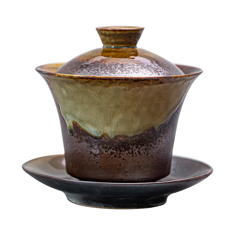 Buddha Stones Vintage Brown Kiln Change Design Porcellana Ceramica Gaiwan Sancai Tazza da tè Kung Fu Tazza da tè e piattino con coperchio - Image 5