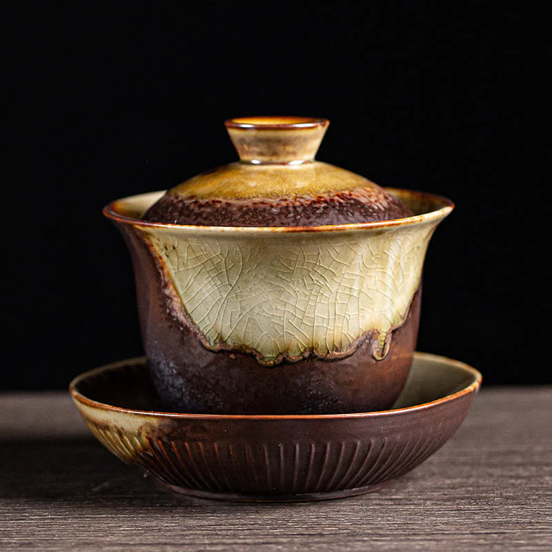 Buddha Stones Vintage Brown Kiln Change Design Porcellana Ceramica Gaiwan Sancai Tazza da tè Kung Fu Tazza da tè e piattino con coperchio - Image 6