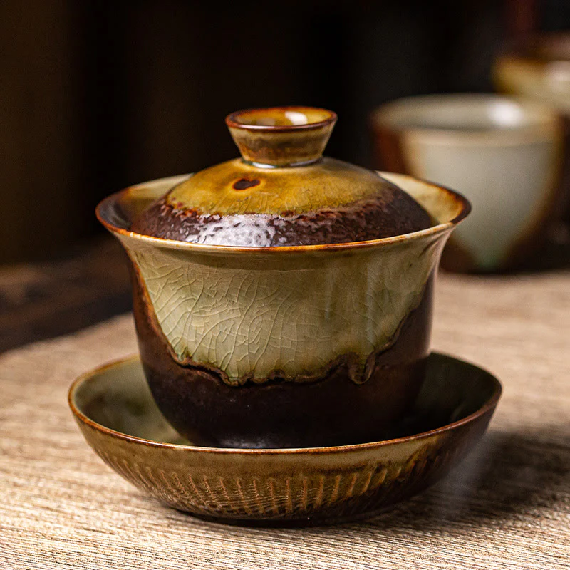 Buddha Stones Vintage Brown Kiln Change Design Porcellana Ceramica Gaiwan Sancai Tazza da tè Kung Fu Tazza da tè e piattino con coperchio - Image 7