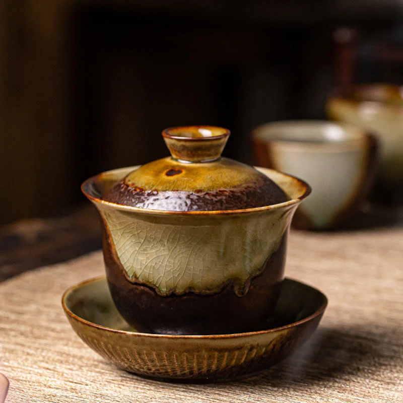 Buddha Stones Vintage Brown Kiln Change Design Porcellana Ceramica Gaiwan Sancai Tazza da tè Kung Fu Tazza da tè e piattino con coperchio - Image 8