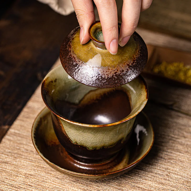 Buddha Stones Vintage Brown Kiln Change Design Porcellana Ceramica Gaiwan Sancai Tazza da tè Kung Fu Tazza da tè e piattino con coperchio - Image 9